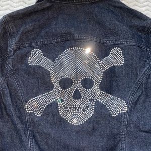 COPY - Ladies INC dark denim jacket with rhinestone skull on back. Size petite …